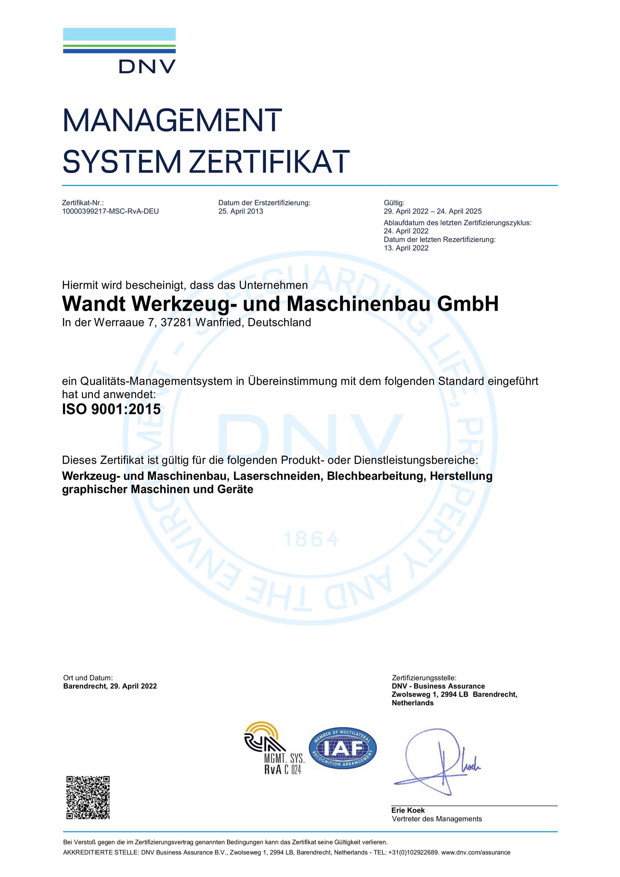 DIN EN ISO 9001:2015::Dieses Zertifikat gültig vom 259.04.2022 bis 24.04.2025